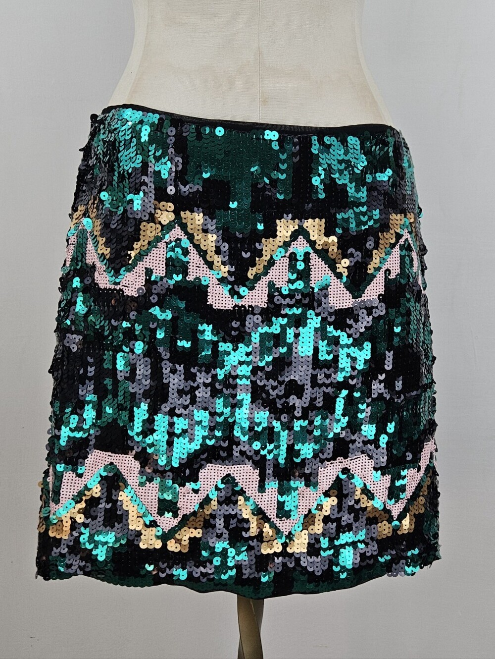 H&M Teal, Black & Gold Aztec Sequin Design Mini Skirt size 8 - Picture 2 of 7